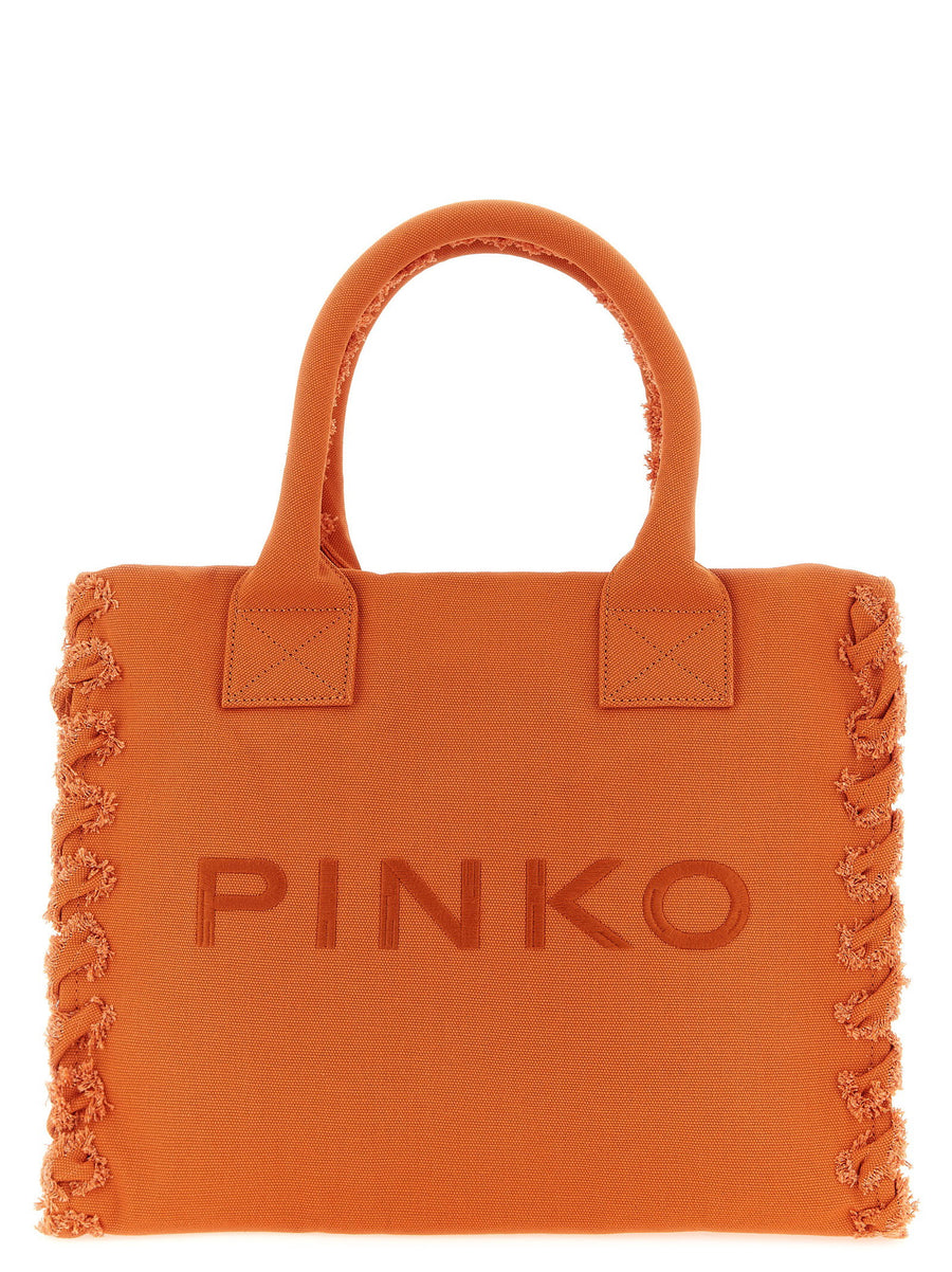 Pinko Beach Shopping Bag For Women Cotton Canvas Tote With Orange Detail Versatile Everyday Style