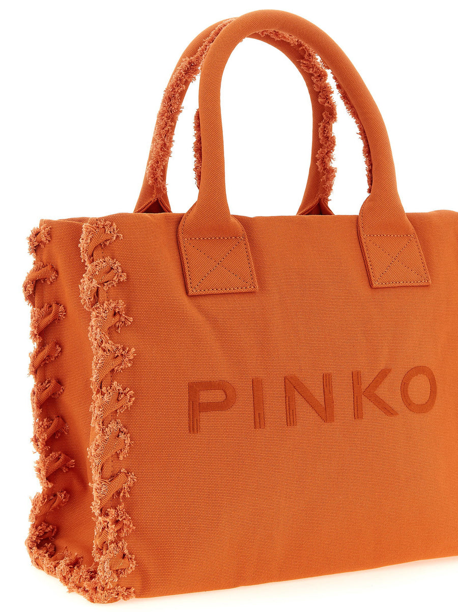 Pinko Beach Shopping Bag For Women Cotton Canvas Tote With Orange Detail Versatile Everyday Style