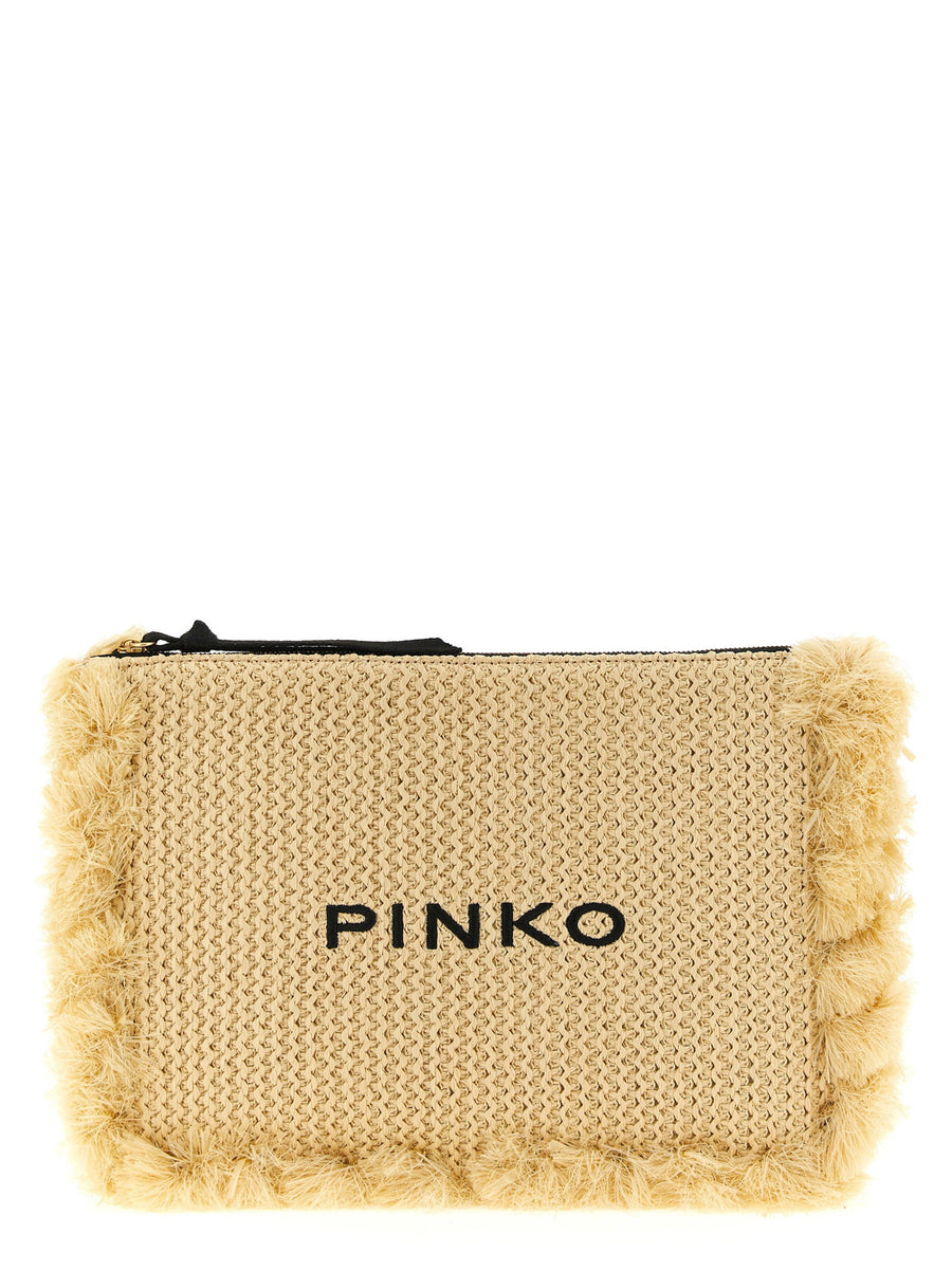 Pinko Beige Raffia Clutch With Fringed Edges And Logo Embroidery