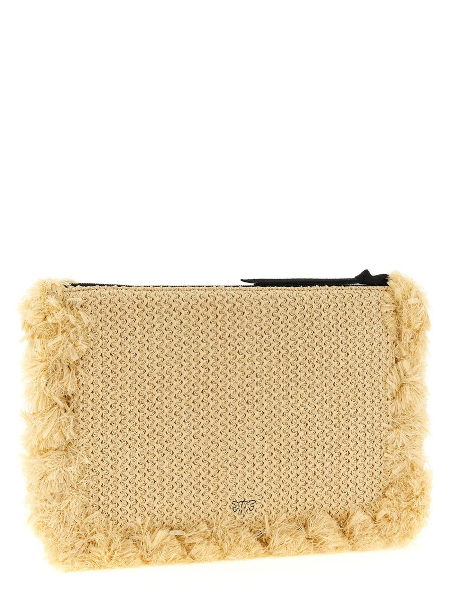 Pinko Beige Raffia Clutch With Fringed Edges And Logo Embroidery