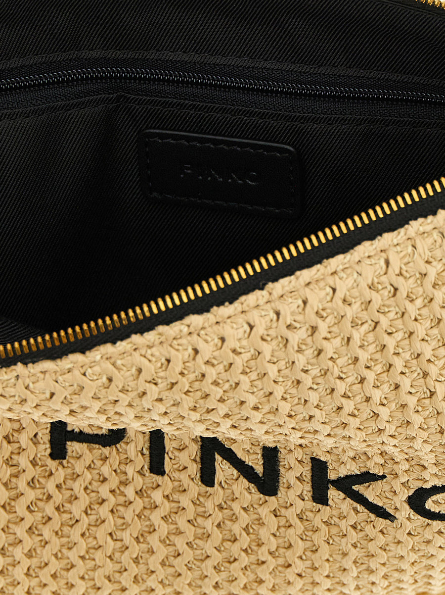 Pinko Beige Raffia Clutch With Fringed Edges And Logo Embroidery