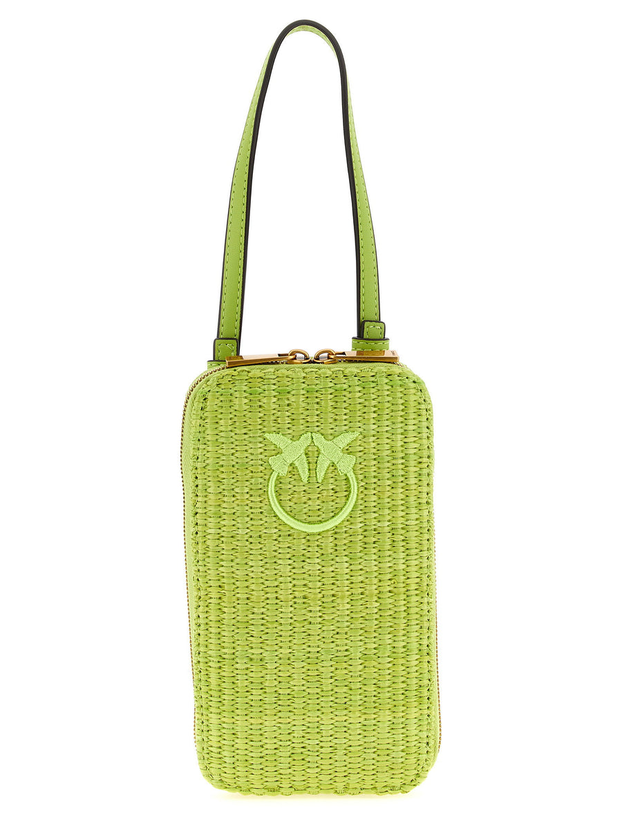 Pinko Raffia Smartphone Holder With Love Birds Embroidery Green Compact Pouch For Style Conscious Women