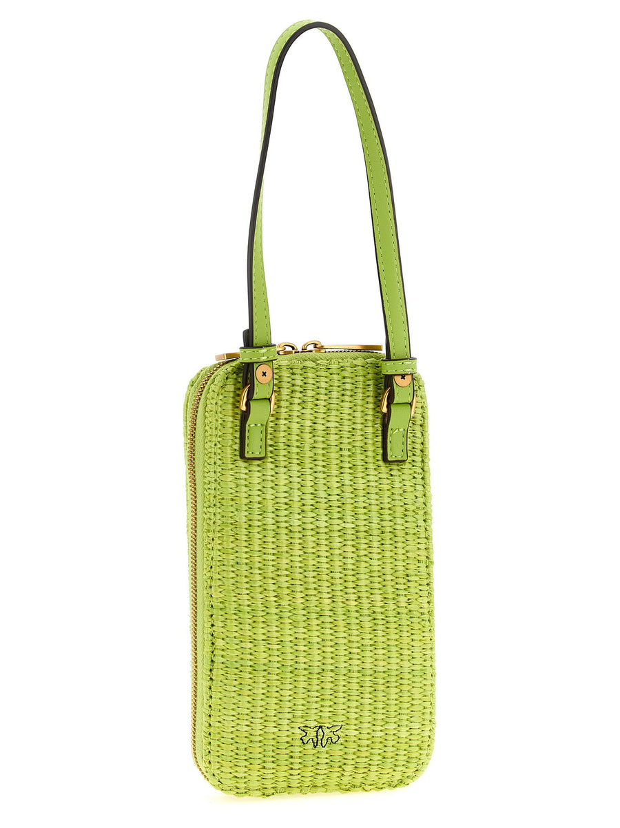 Pinko Raffia Smartphone Holder With Love Birds Embroidery Green Compact Pouch For Style Conscious Women