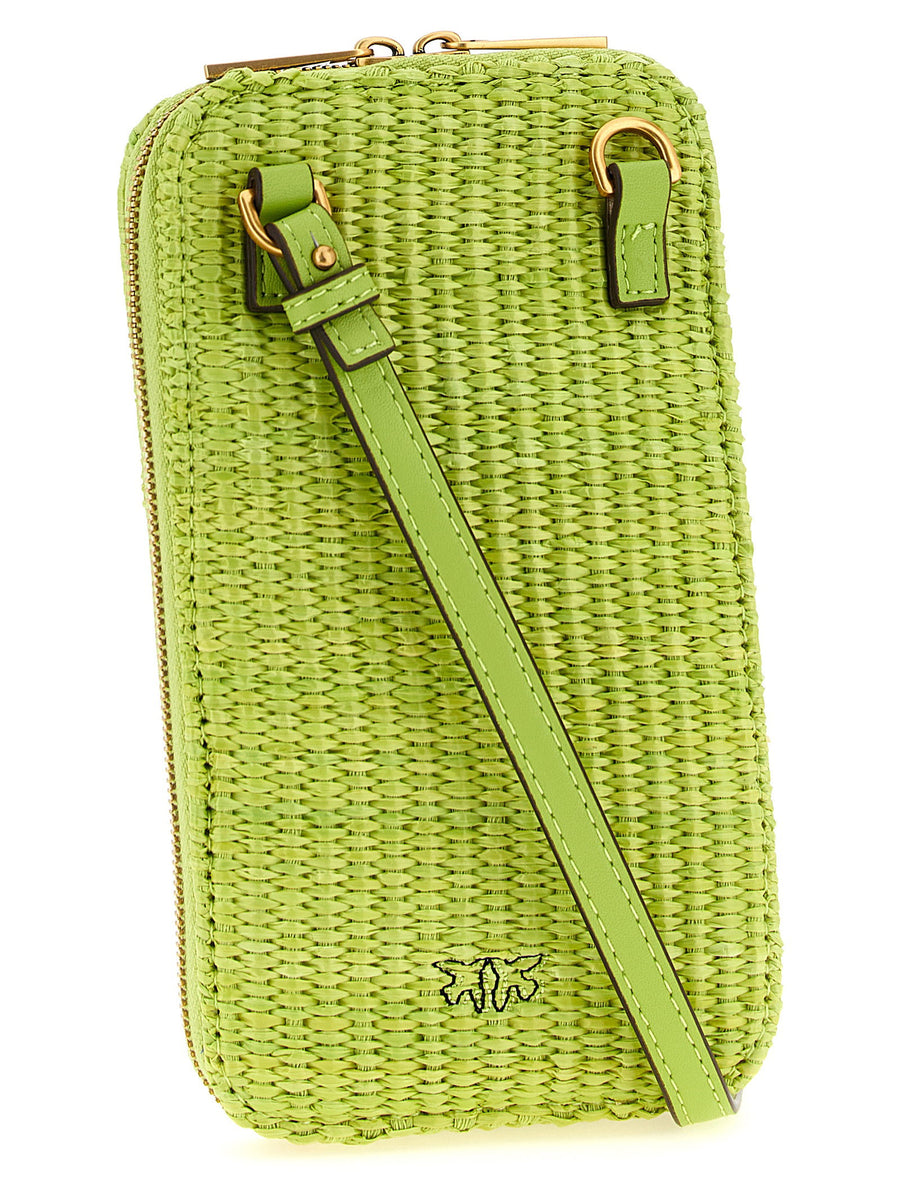 Pinko Raffia Smartphone Holder With Love Birds Embroidery Green Compact Pouch For Style Conscious Women