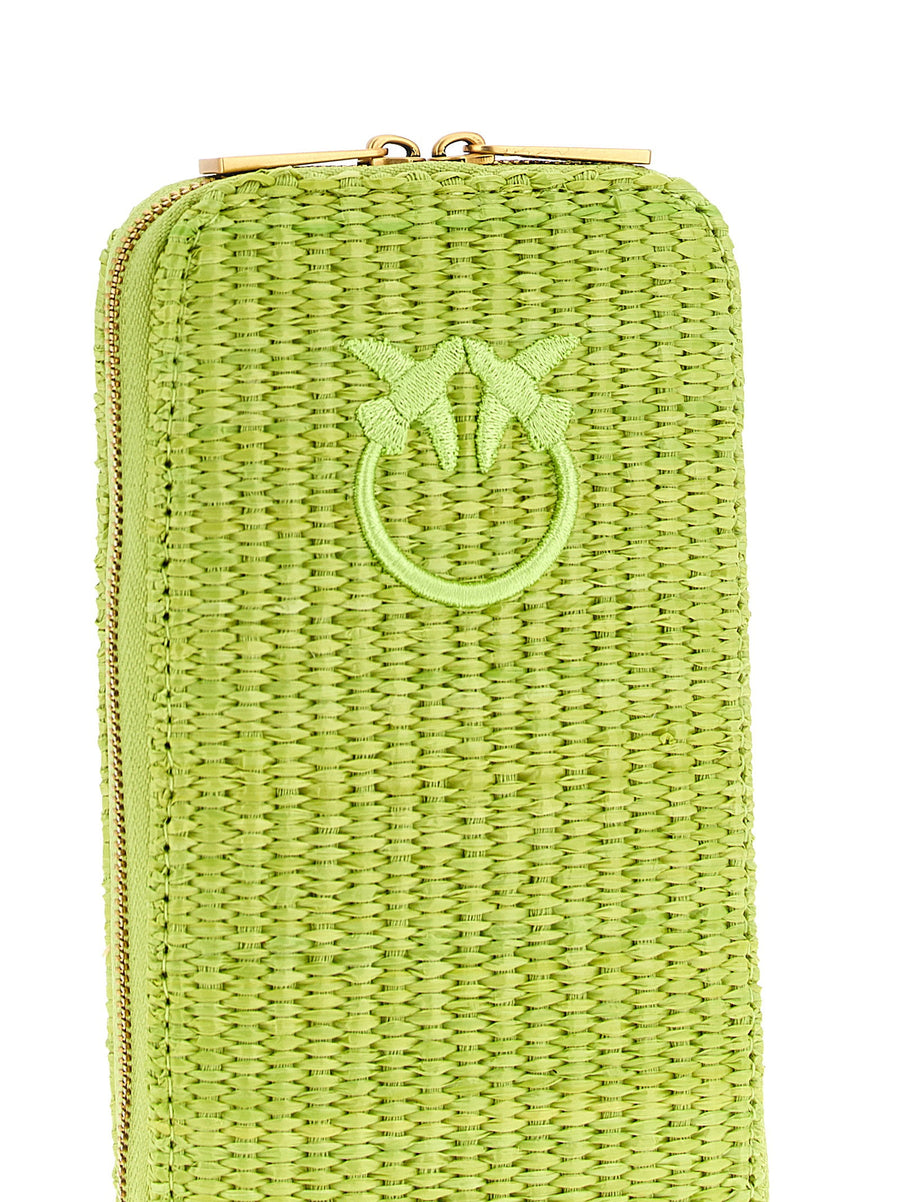 Pinko Raffia Smartphone Holder With Love Birds Embroidery Green Compact Pouch For Style Conscious Women
