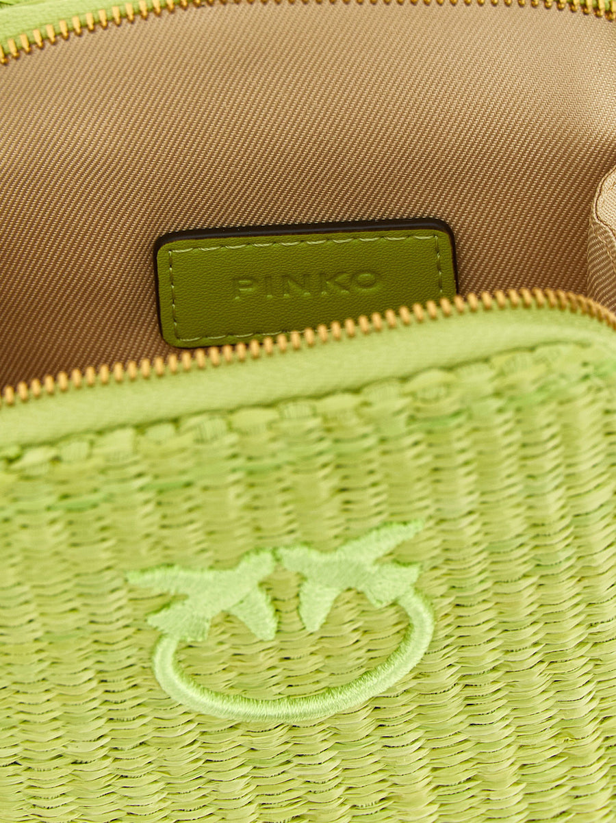 Pinko Raffia Smartphone Holder With Love Birds Embroidery Green Compact Pouch For Style Conscious Women