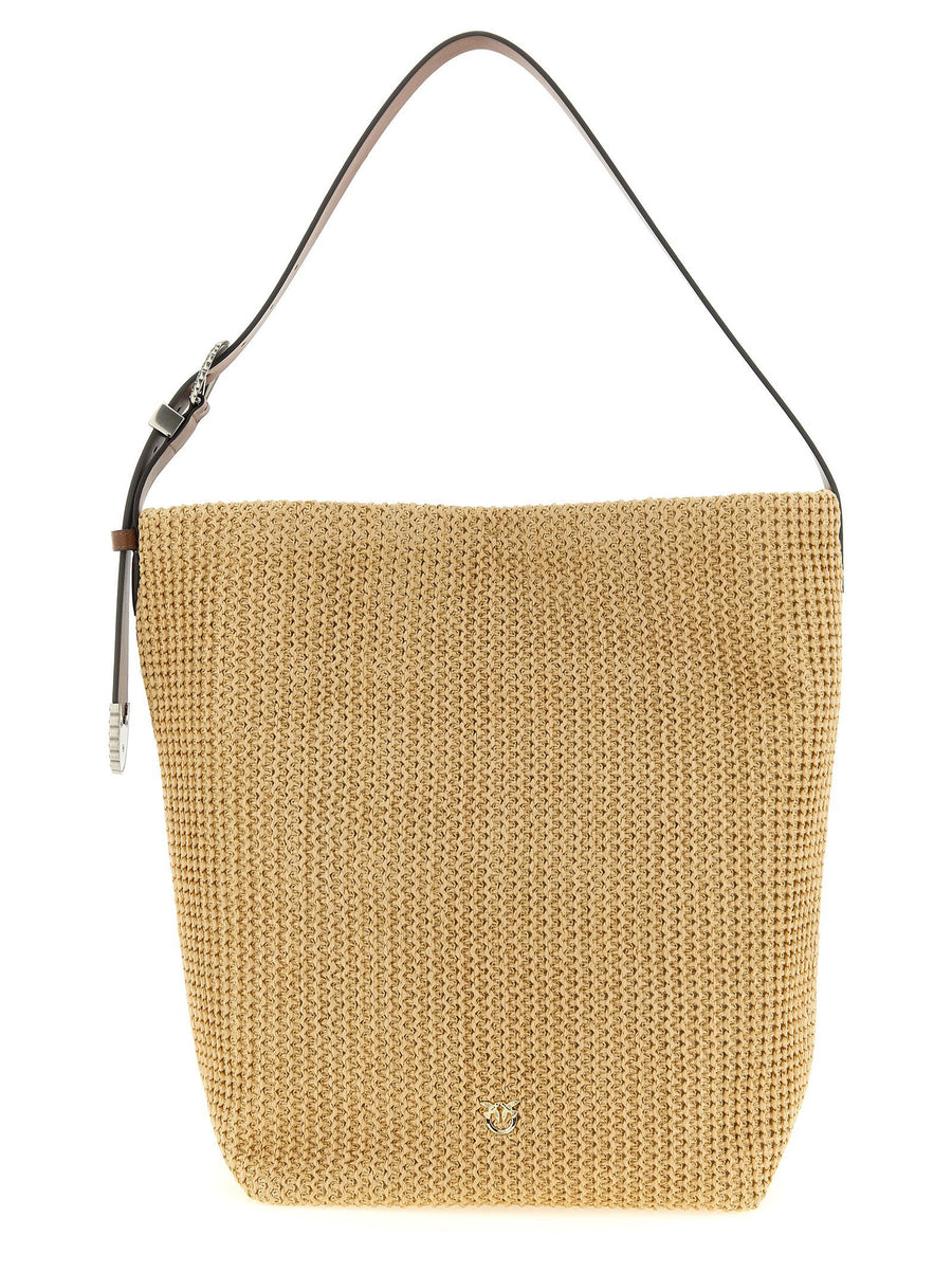 Pinko Raffia Bucket Shoulder Bag For Women With Structured Silhouette And Western Flair Beige
