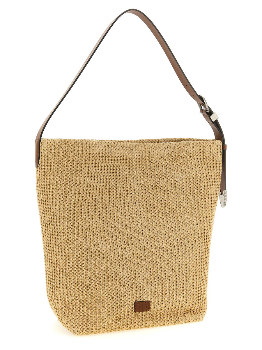 Pinko Raffia Bucket Shoulder Bag For Women With Structured Silhouette And Western Flair Beige