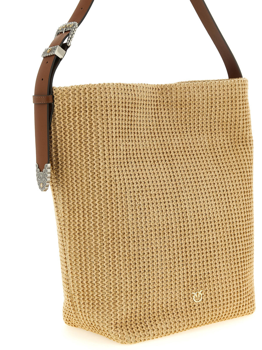 Pinko Raffia Bucket Shoulder Bag For Women With Structured Silhouette And Western Flair Beige