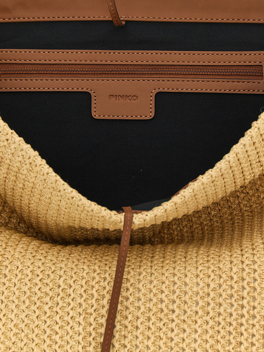 Pinko Raffia Bucket Shoulder Bag For Women With Structured Silhouette And Western Flair Beige
