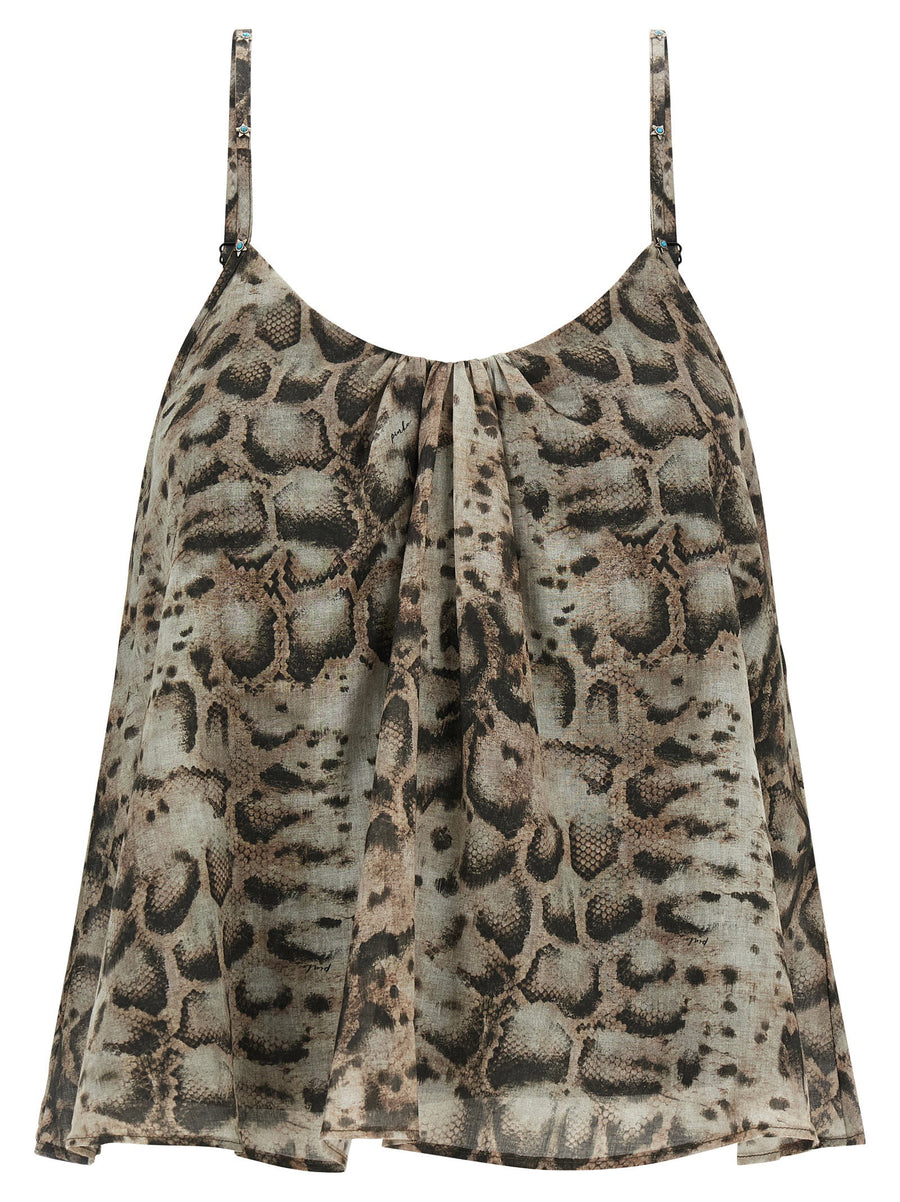 Pinko Udine Top Cropped Flared Animal Print Cotton Muslin With Turquoise Straps For Women