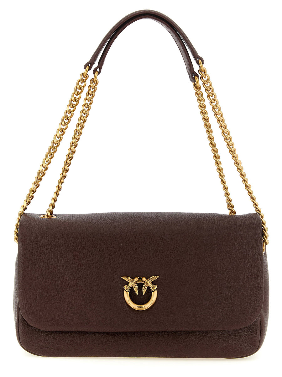 Pinko Love Birds Brown Lambskin Shoulder Bag With Antique Gold Buckle