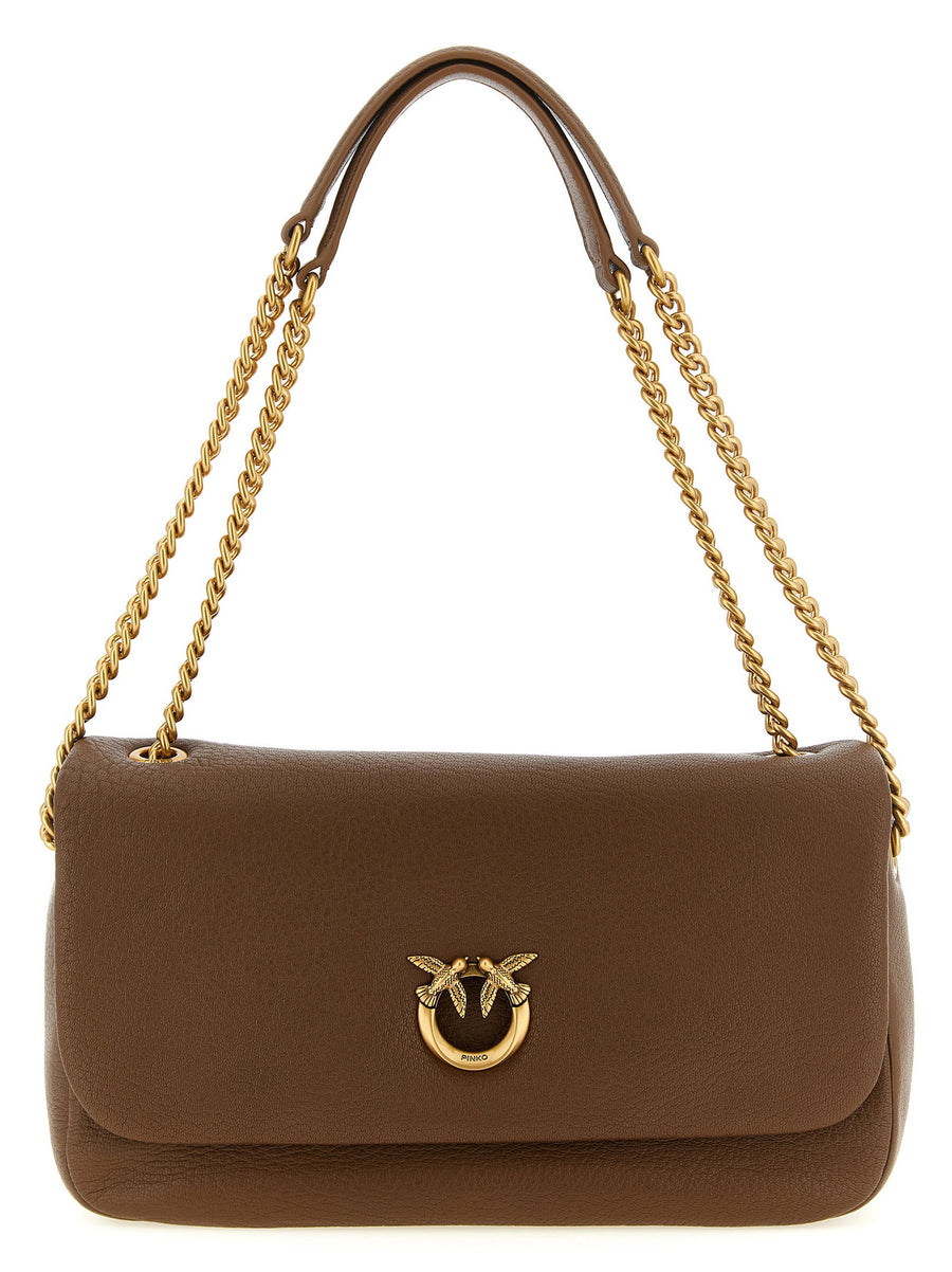 Pinko Love Birds Shoulder Bag Cognac Brown Lambskin Antique Gold Buckle
