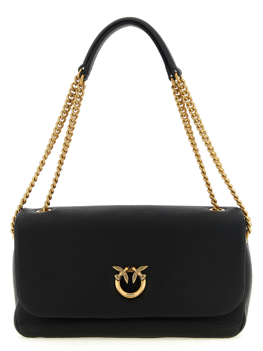 Pinko Love Birds Black Lambskin Shoulder Bag With Front Flap Closure Gold Buckle