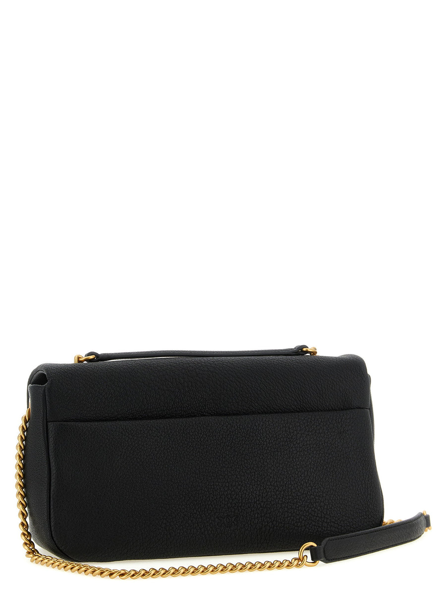Pinko Love Birds Black Lambskin Shoulder Bag With Front Flap Closure Gold Buckle