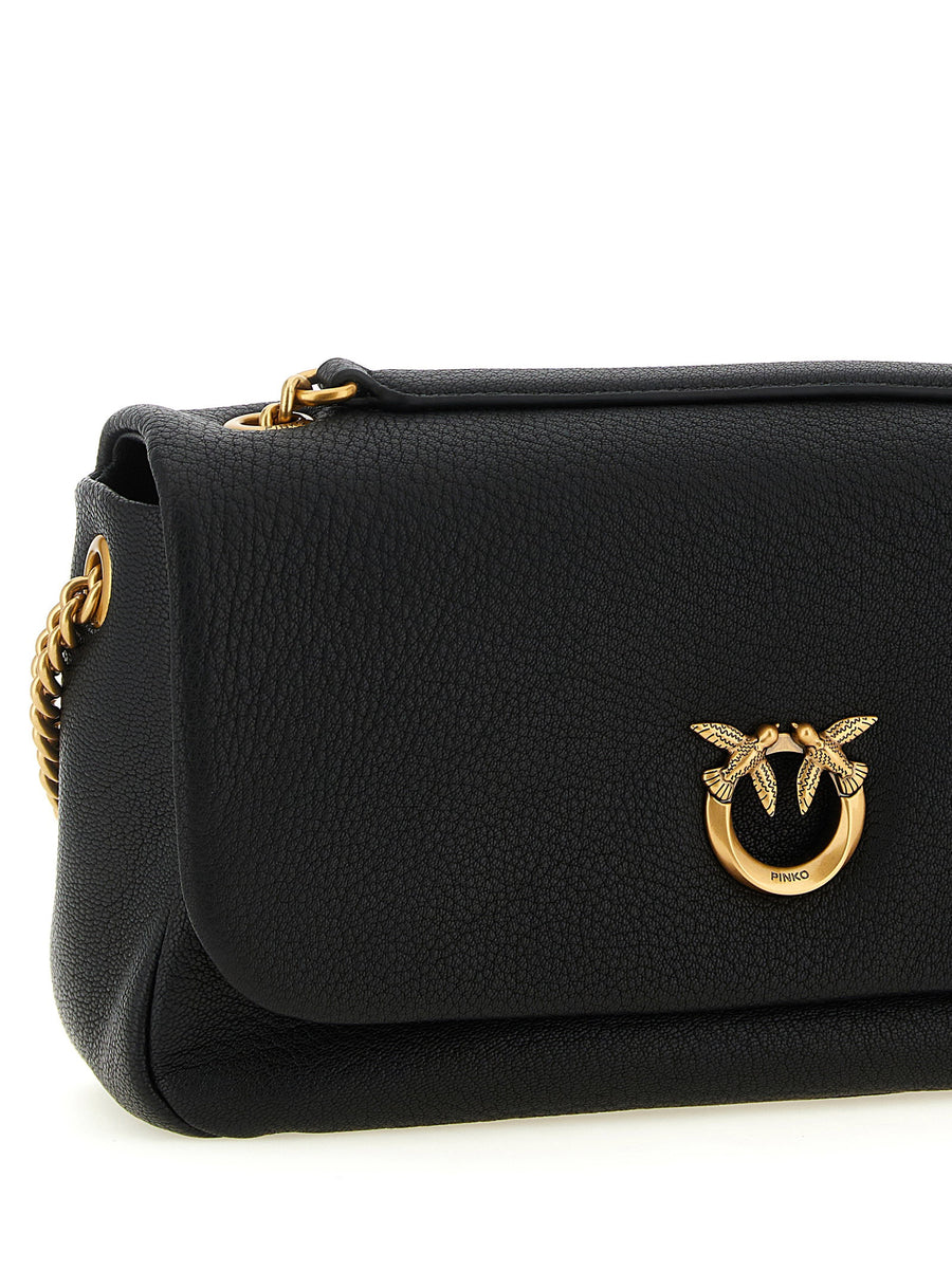 Pinko Love Birds Black Lambskin Shoulder Bag With Front Flap Closure Gold Buckle