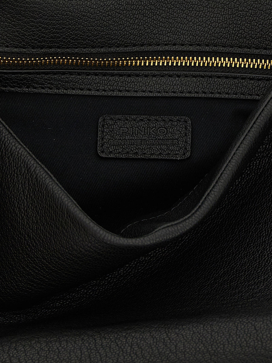 Pinko Love Birds Black Lambskin Shoulder Bag With Front Flap Closure Gold Buckle