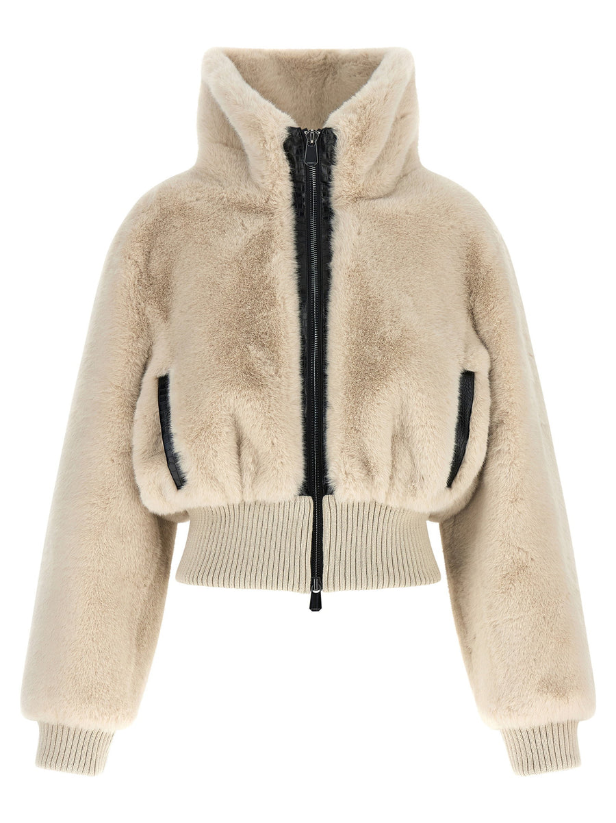Pinko Beige Cropped Fur Coat With Crocodile Texture And High Neck