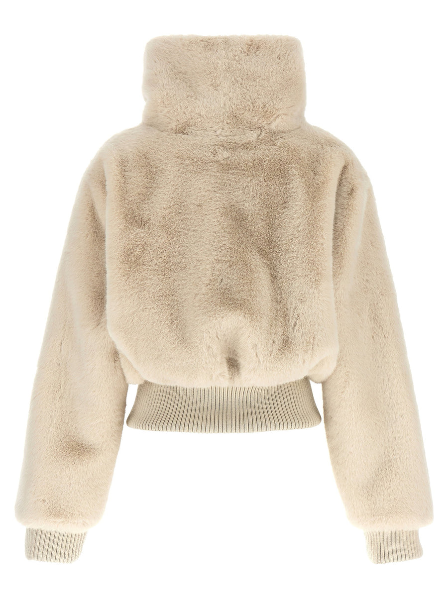 Pinko Beige Cropped Fur Coat With Crocodile Texture And High Neck