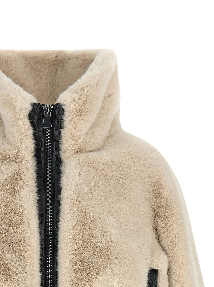 Pinko Beige Cropped Fur Coat With Crocodile Texture And High Neck