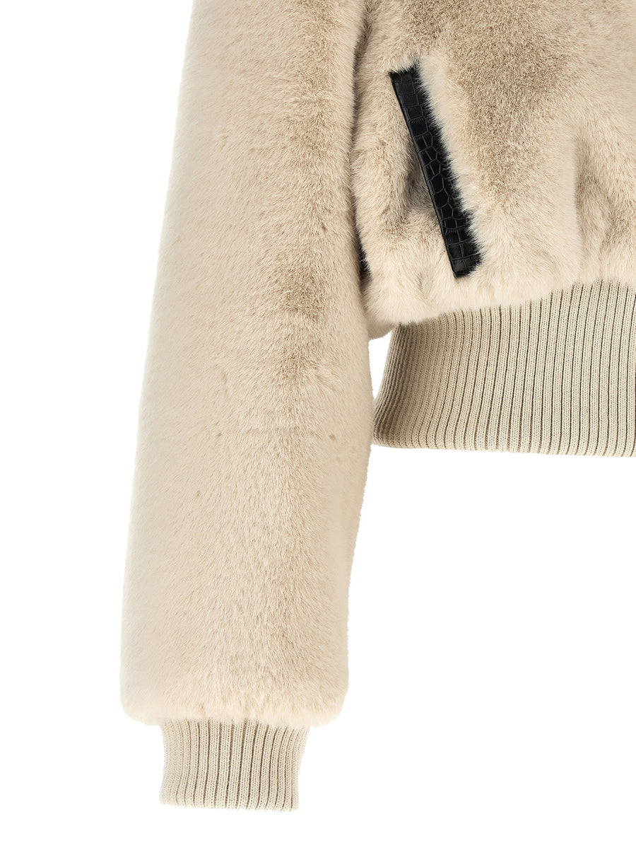 Pinko Beige Cropped Fur Coat With Crocodile Texture And High Neck