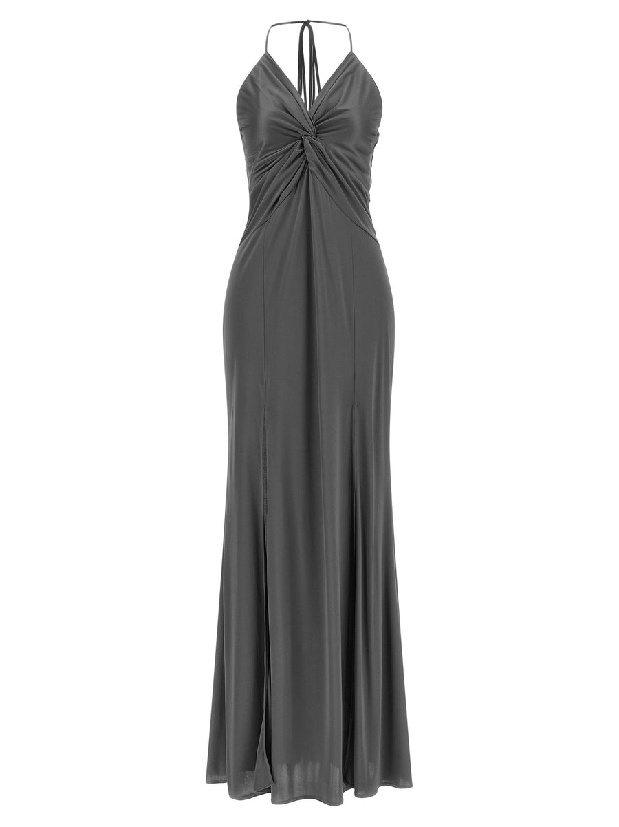 Pinko Gray Front Knot Dress Vneck Evening Gown 100% Acetate