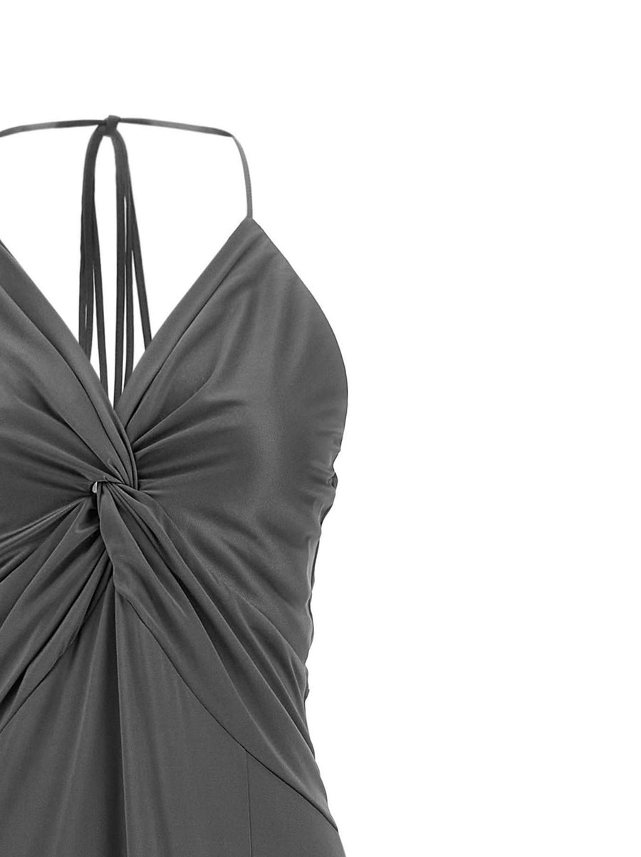Pinko Gray Front Knot Dress Vneck Evening Gown 100% Acetate
