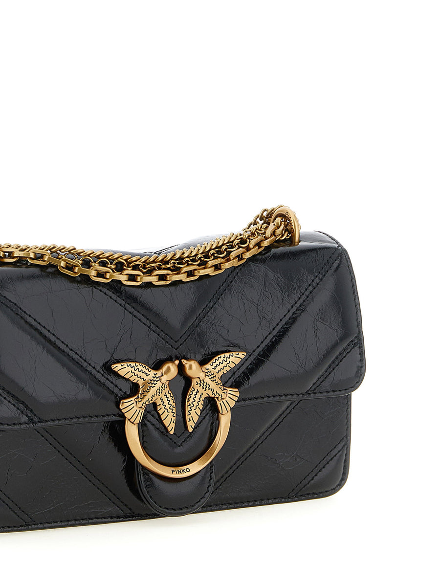 Pinko Love Bag Crossbody Calfskin Leather Black Chevron Stitching Buckle