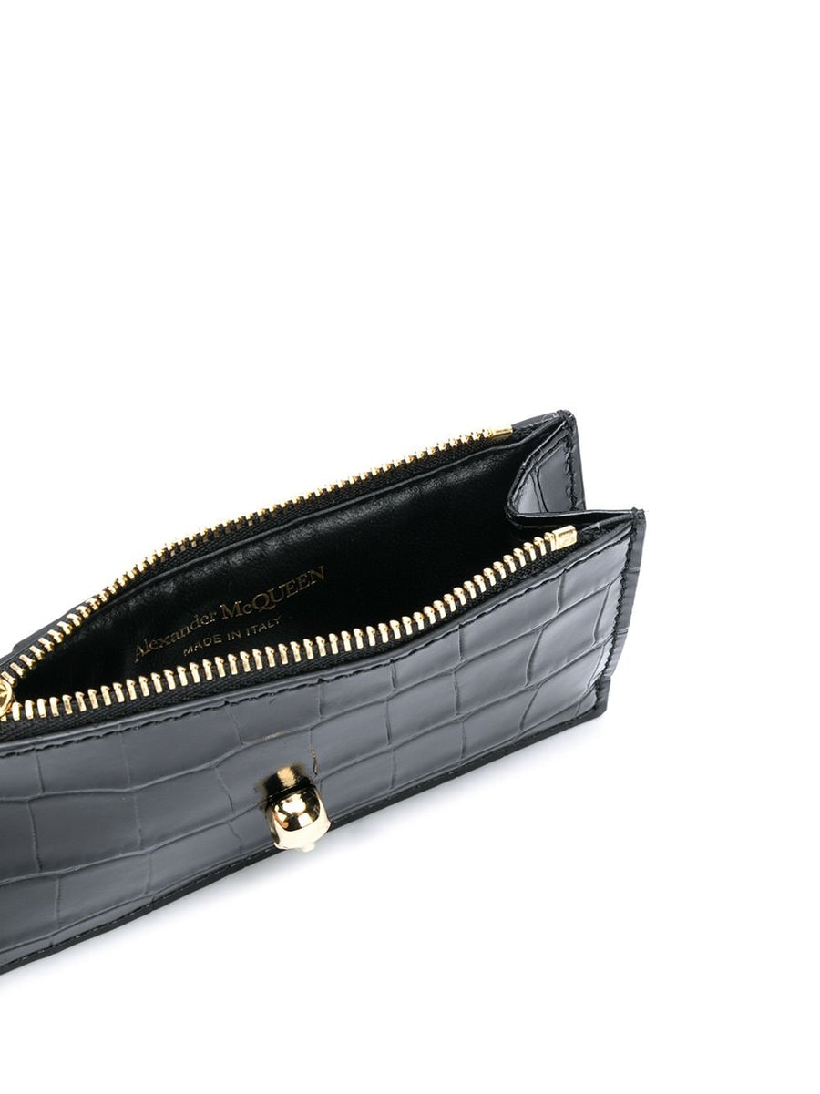 Alexander McQueen Skull Zipped Crocodile Embossed Leather Card Case For Women With Signature Skull Motif