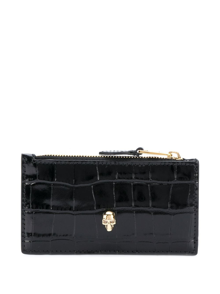 Alexander McQueen Skull Zipped Crocodile Embossed Leather Card Case For Women With Signature Skull Motif