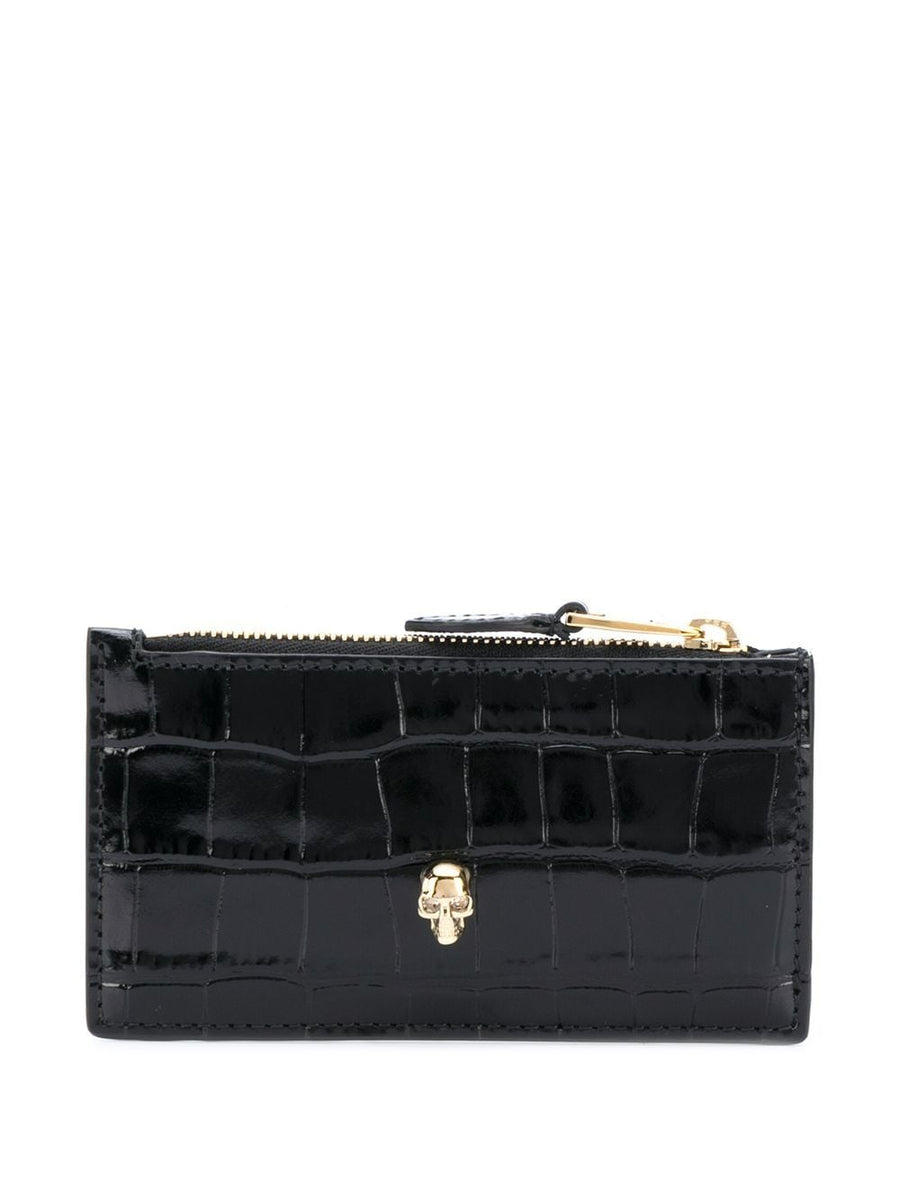 Alexander McQueen Skull Zipped Crocodile Embossed Leather Card Case For Women With Signature Skull Motif