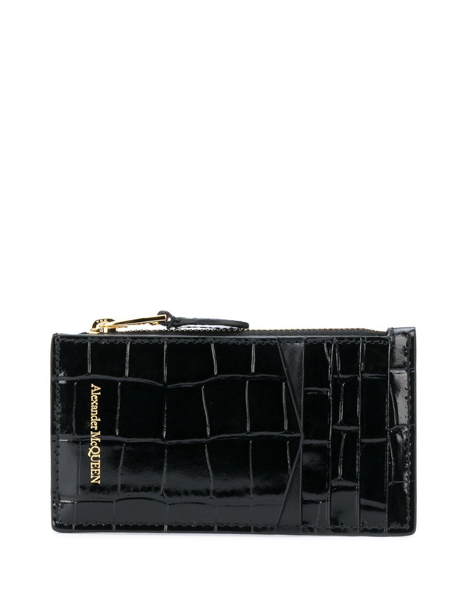 Alexander McQueen Skull Zipped Crocodile Embossed Leather Card Case For Women With Signature Skull Motif