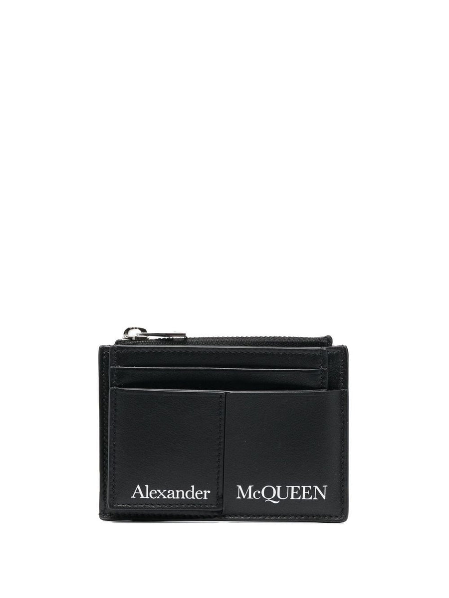 Alexander McQueen Logo Print Cardholder for Men Premium Calf Leather with Zip Coin Pocket and Card Slots