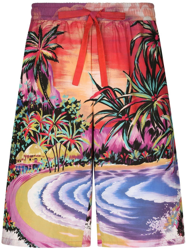 Dolce and Gabbana Premium Multicolor Graphic Print Bermuda Shorts for Men Cotton Comfort Drawstring Waist