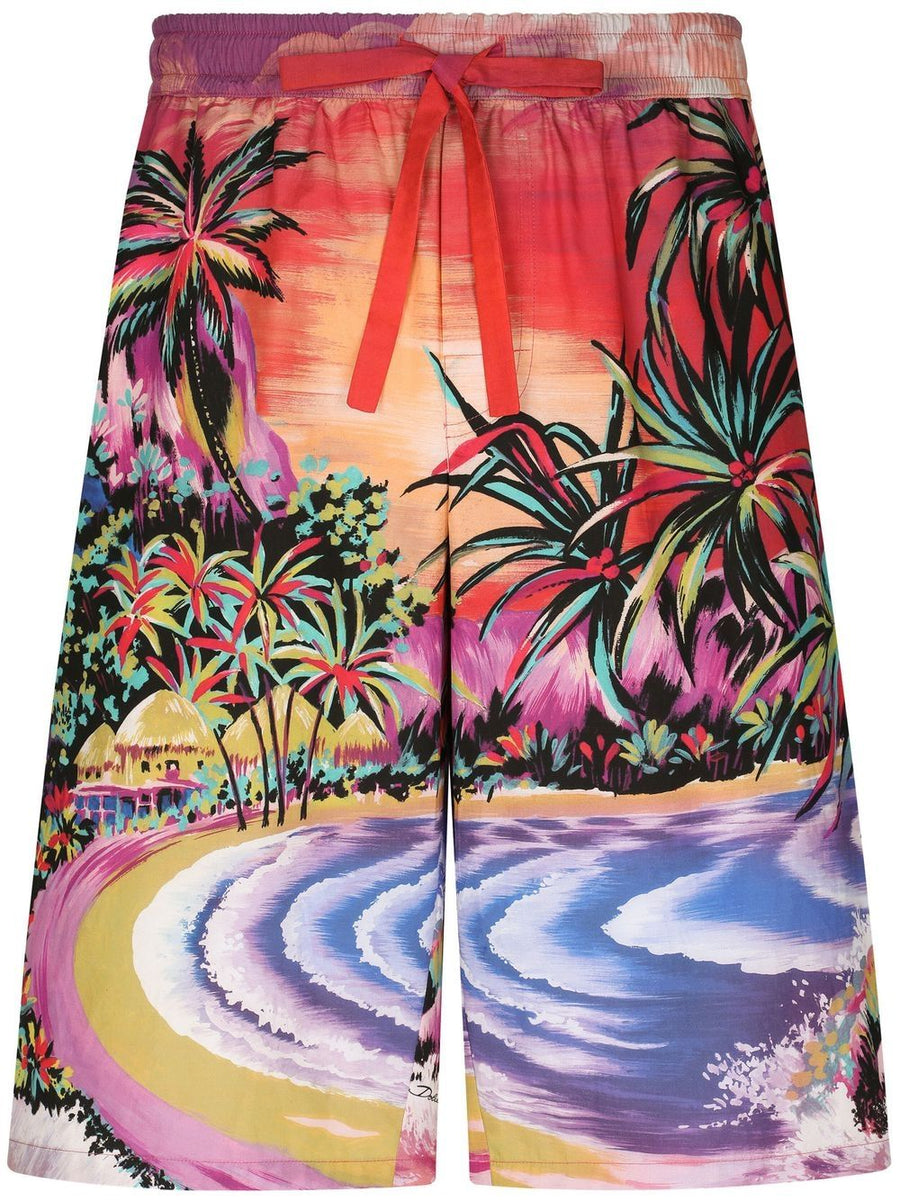 Dolce and Gabbana Premium Multicolor Graphic Print Bermuda Shorts for Men Cotton Comfort Drawstring Waist