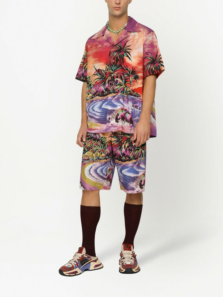 Dolce and Gabbana Premium Multicolor Graphic Print Bermuda Shorts for Men Cotton Comfort Drawstring Waist