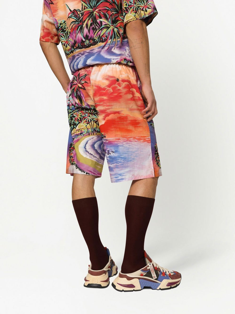 Dolce and Gabbana Premium Multicolor Graphic Print Bermuda Shorts for Men Cotton Comfort Drawstring Waist