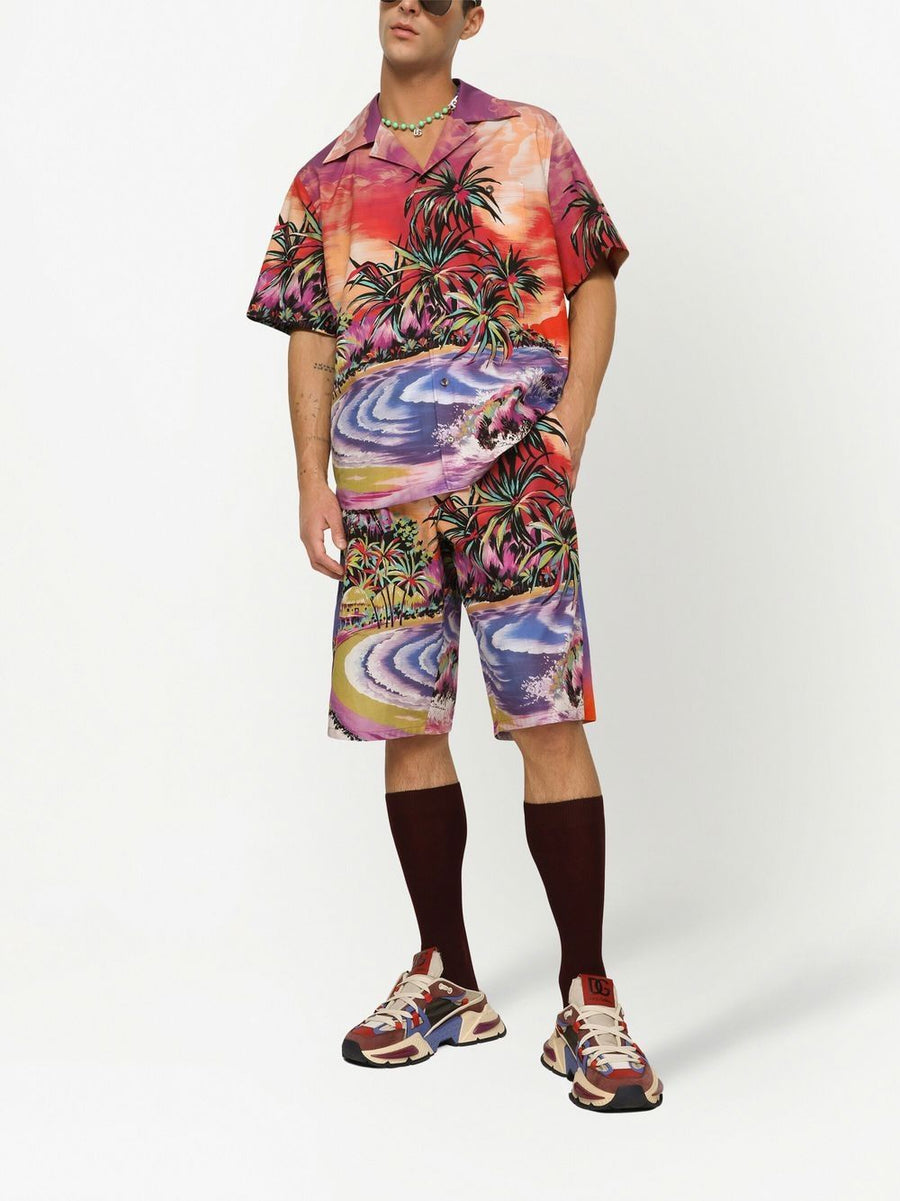 Dolce and Gabbana Premium Multicolor Graphic Print Bermuda Shorts for Men Cotton Comfort Drawstring Waist