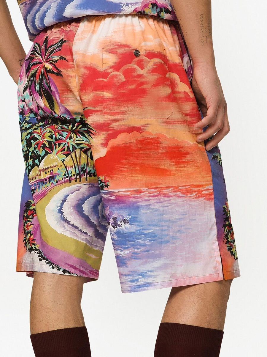 Dolce and Gabbana Premium Multicolor Graphic Print Bermuda Shorts for Men Cotton Comfort Drawstring Waist