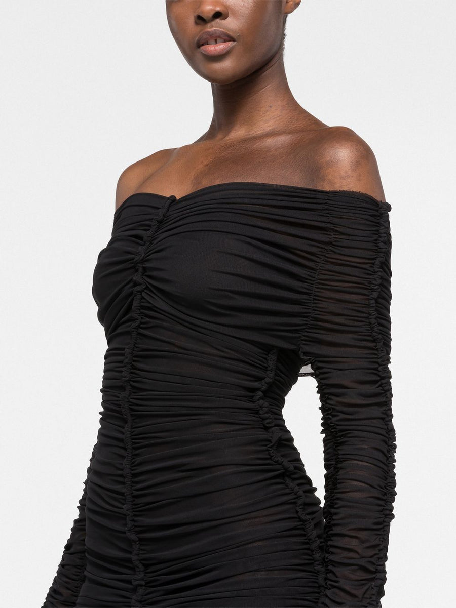 Az Factory By Ester Manas V-Neck Short Dress With Ruched Ruffles Chic Black Stretch Polyester For Women