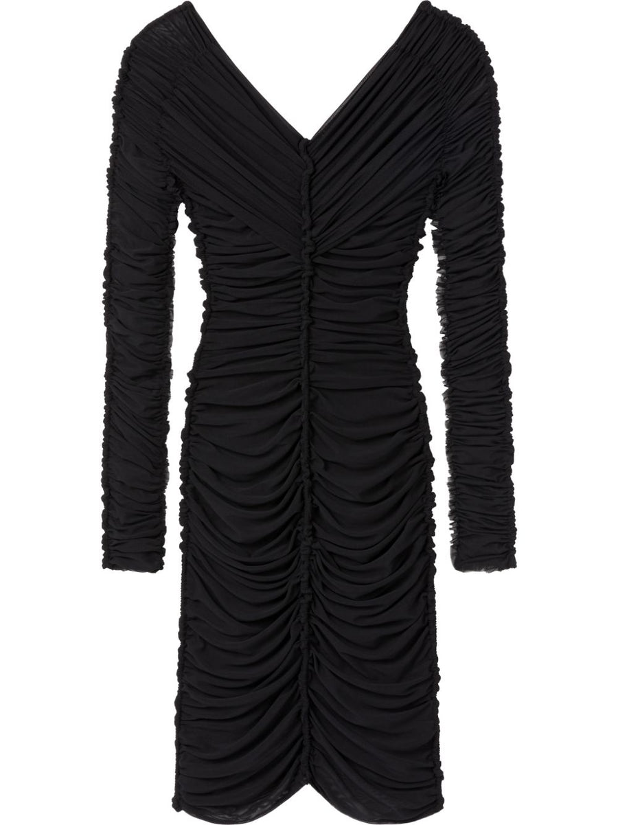 Az Factory By Ester Manas V-Neck Short Dress With Ruched Ruffles Chic Black Stretch Polyester For Women