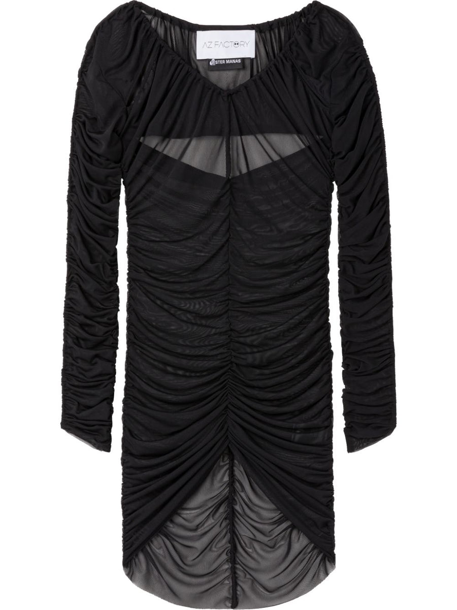 Az Factory By Ester Manas Cutout Mesh Top Black Semi Sheer Ruched Long Sleeve Runway Ready For Women