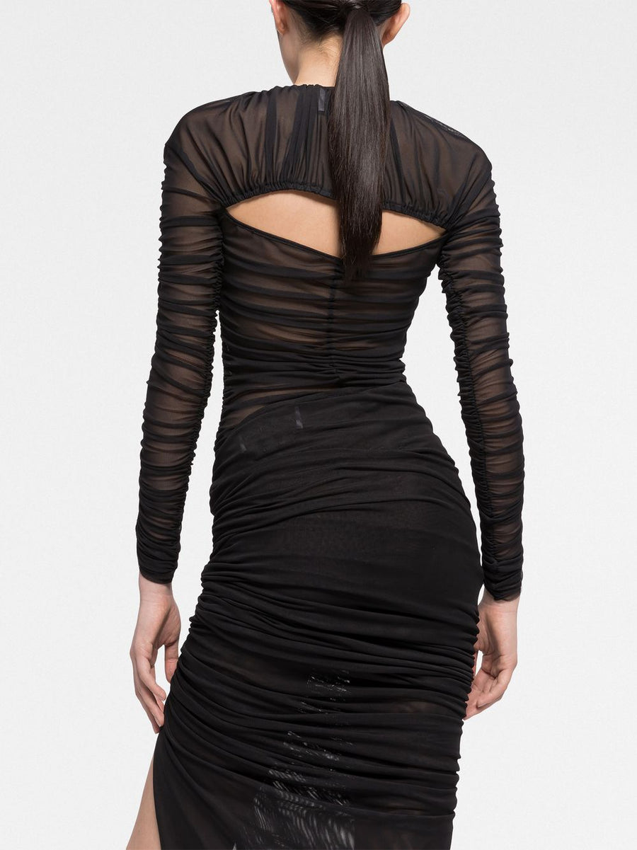 Az Factory By Ester Manas Cutout Mesh Top Black Semi Sheer Ruched Long Sleeve Runway Ready For Women