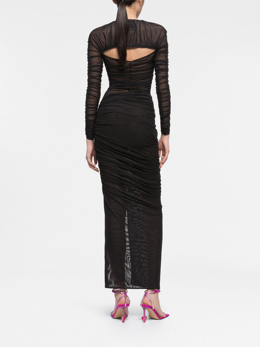 Az Factory By Ester Manas Cutout Mesh Top Black Semi Sheer Ruched Long Sleeve Runway Ready For Women