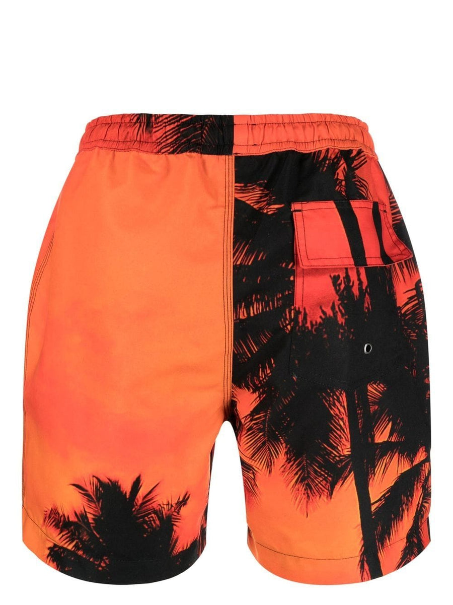 Blue Sky Inn Palm Tree Print Swim Trunks for Men Tropical Sunset Orange with Elastic Drawstring Pockets