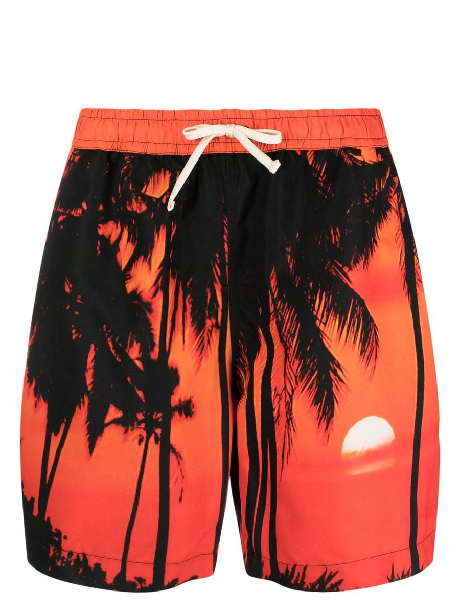 Blue Sky Inn Palm Tree Print Swim Trunks for Men Tropical Sunset Orange with Elastic Drawstring Pockets