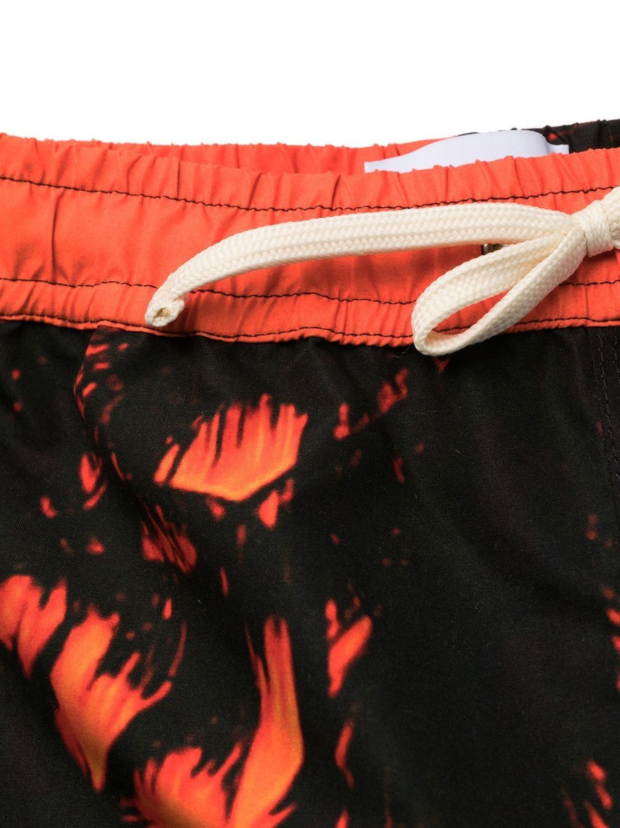 Blue Sky Inn Palm Tree Print Swim Trunks for Men Tropical Sunset Orange with Elastic Drawstring Pockets