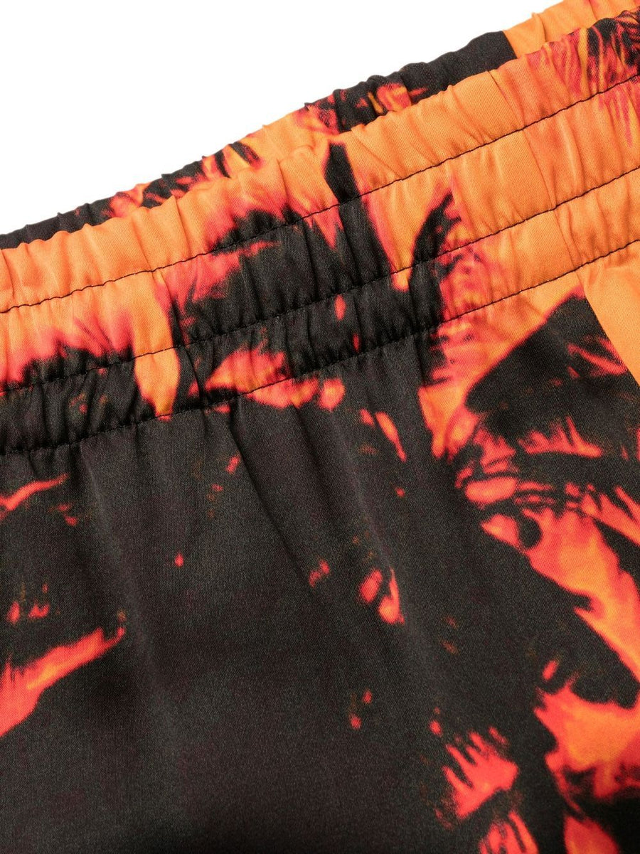 Blue Sky Inn Palm Tree Print Swim Trunks For Men With Elastic Waistband And Tropical Orange Motif 100 Percent Viscose