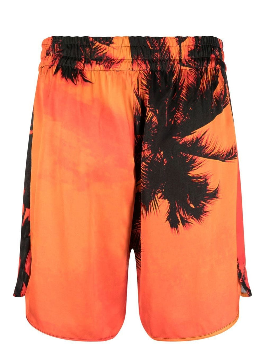 Blue Sky Inn Palm Tree Print Swim Trunks For Men With Elastic Waistband And Tropical Orange Motif 100 Percent Viscose