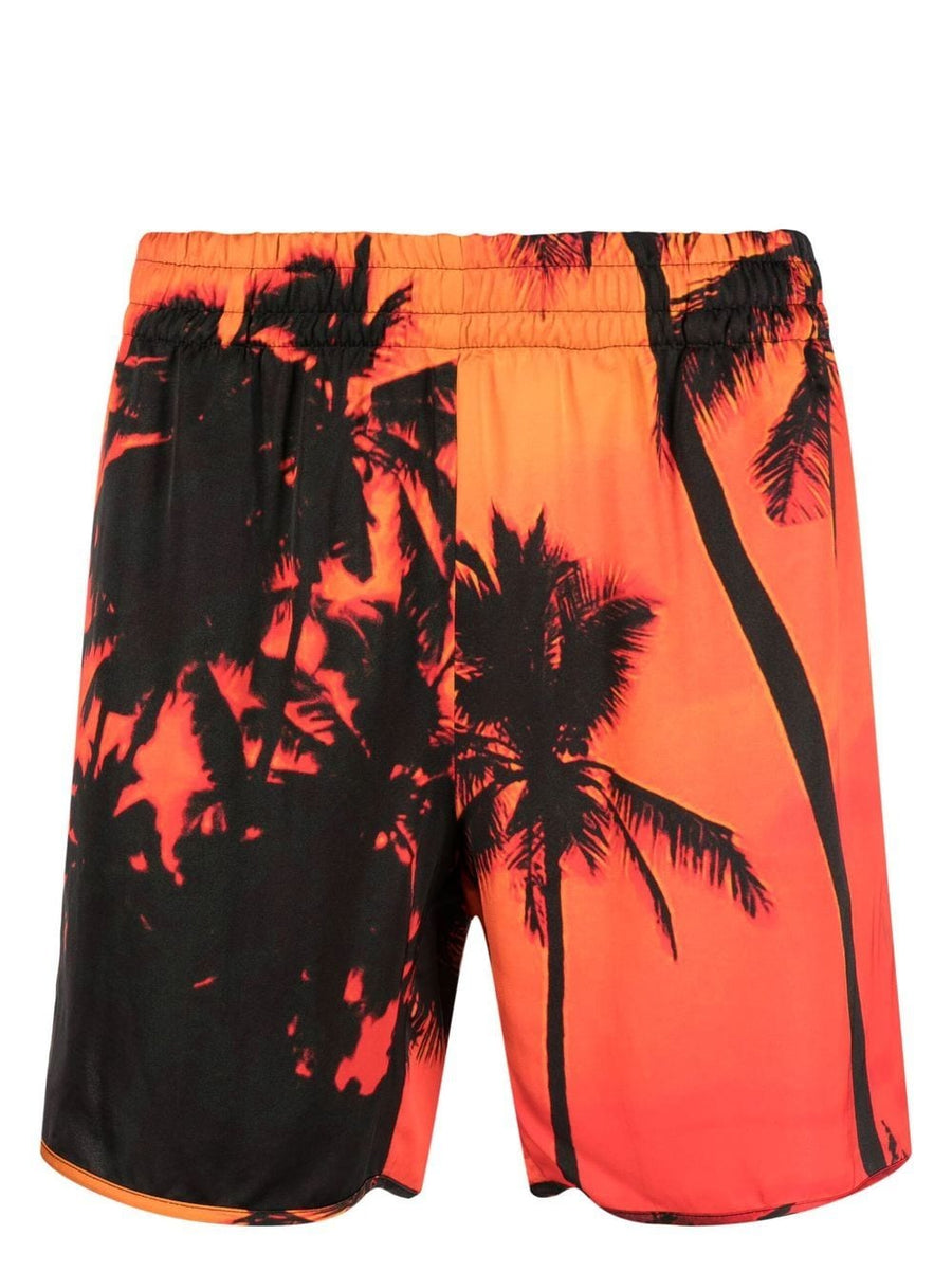 Blue Sky Inn Palm Tree Print Swim Trunks For Men With Elastic Waistband And Tropical Orange Motif 100 Percent Viscose